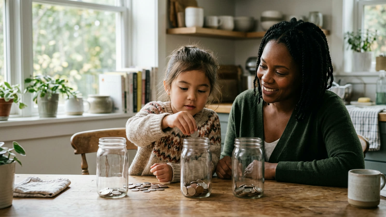 A child dropping coins into three plain clear glass jars while a parent watches at a kitchen table