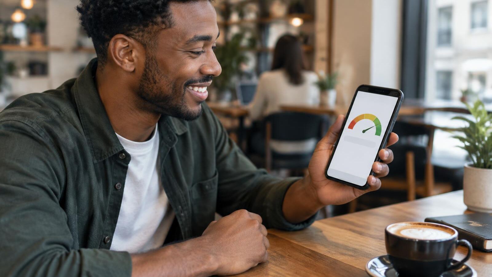 Smiling man viewing an improving credit score gauge on his phone
