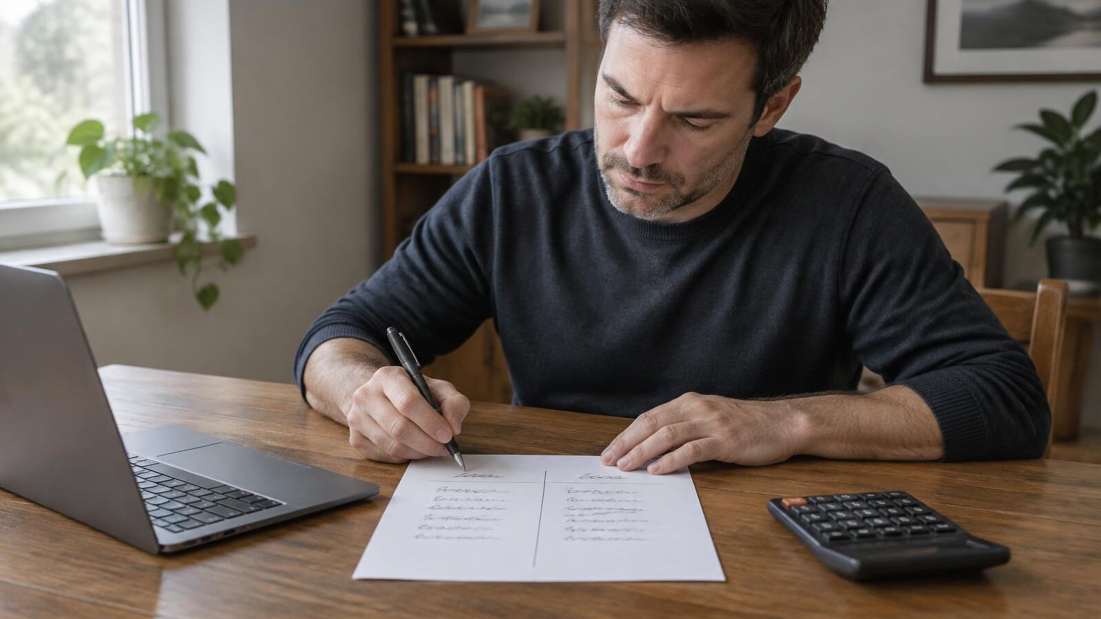 Man filling in a two-column assets and debts worksheet beside a laptop and calculator