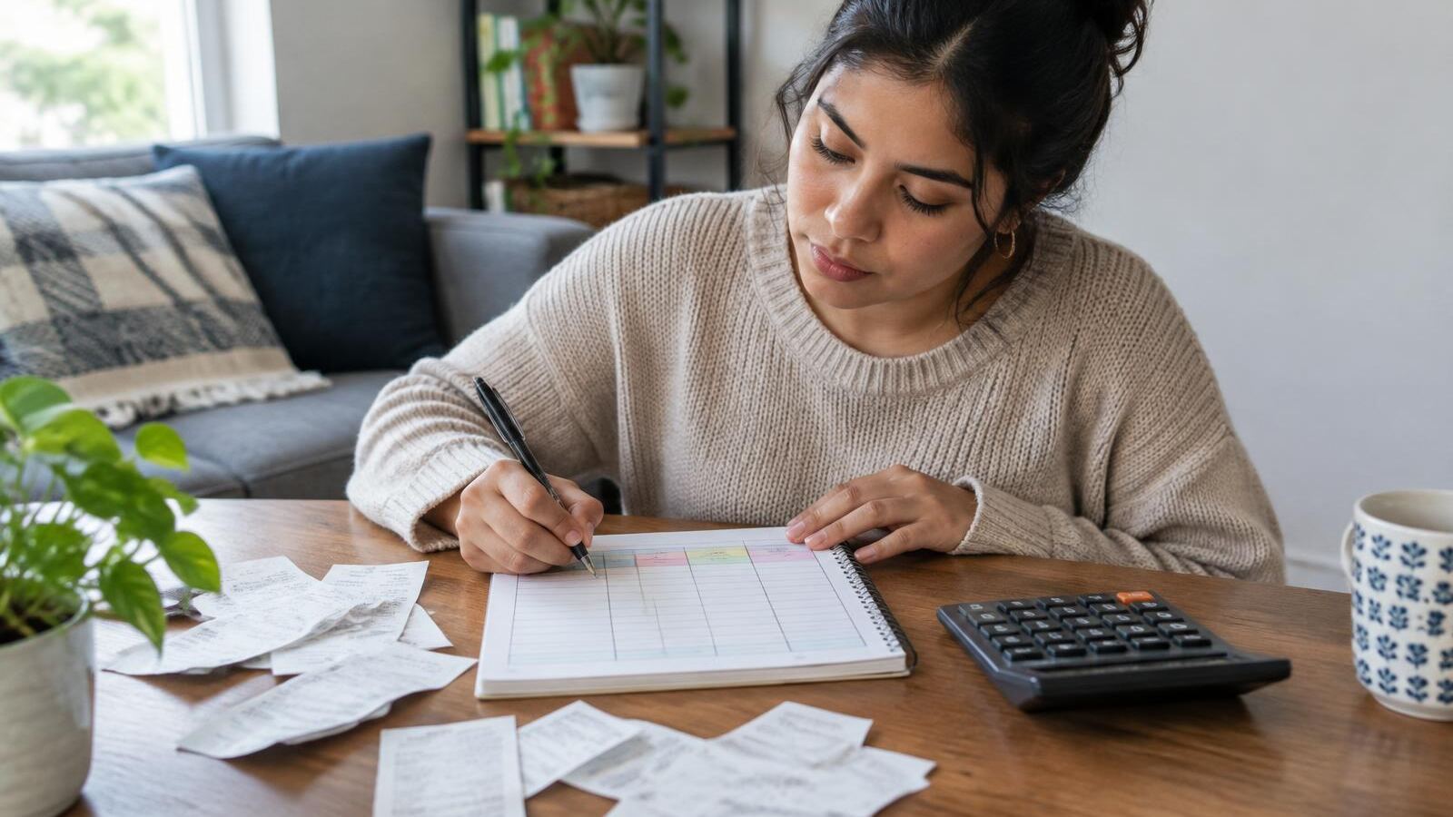 Woman writing a monthly budget in a notebook with receipts and a calculator