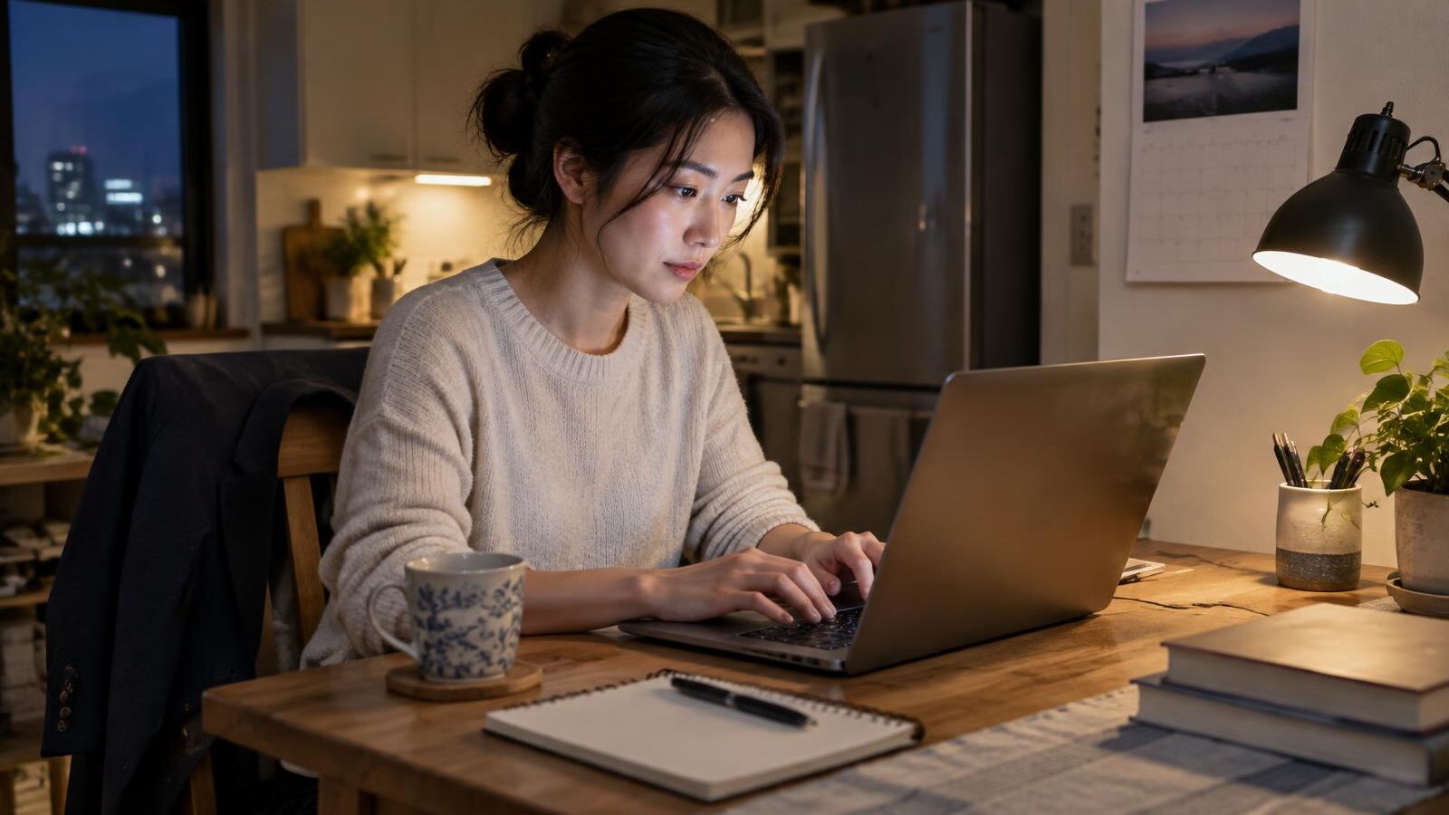Woman working on a laptop at her kitchen table in the evening after her day job