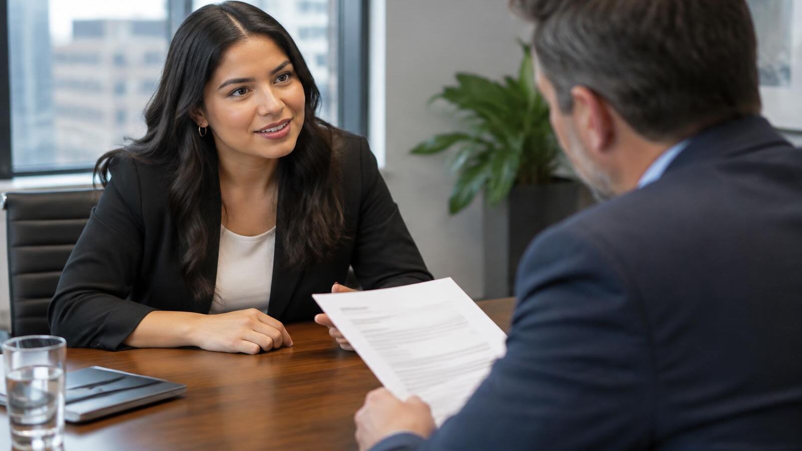 Candidate discussing a job offer letter with a hiring manager