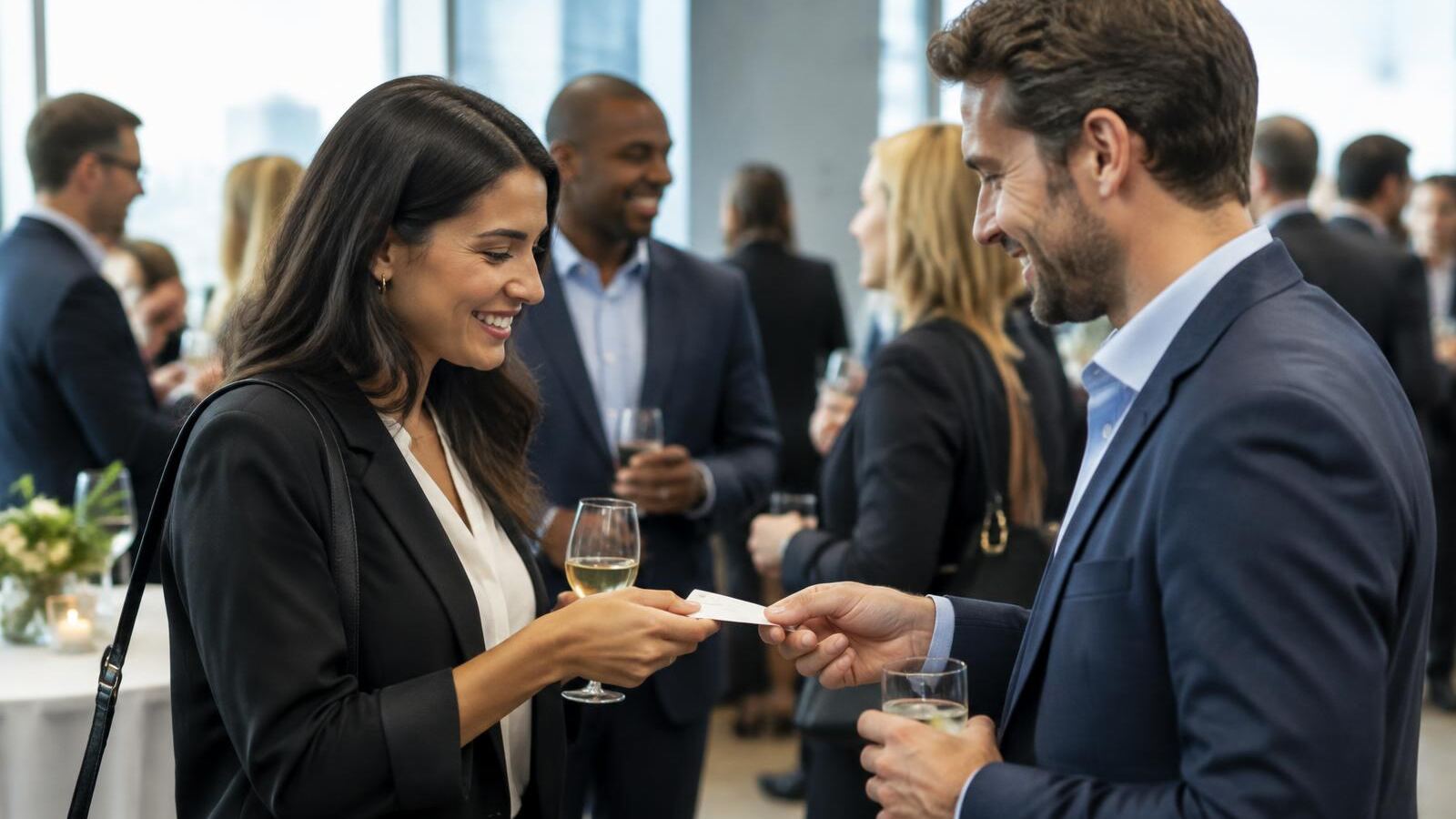Professionals exchanging business cards at a networking event