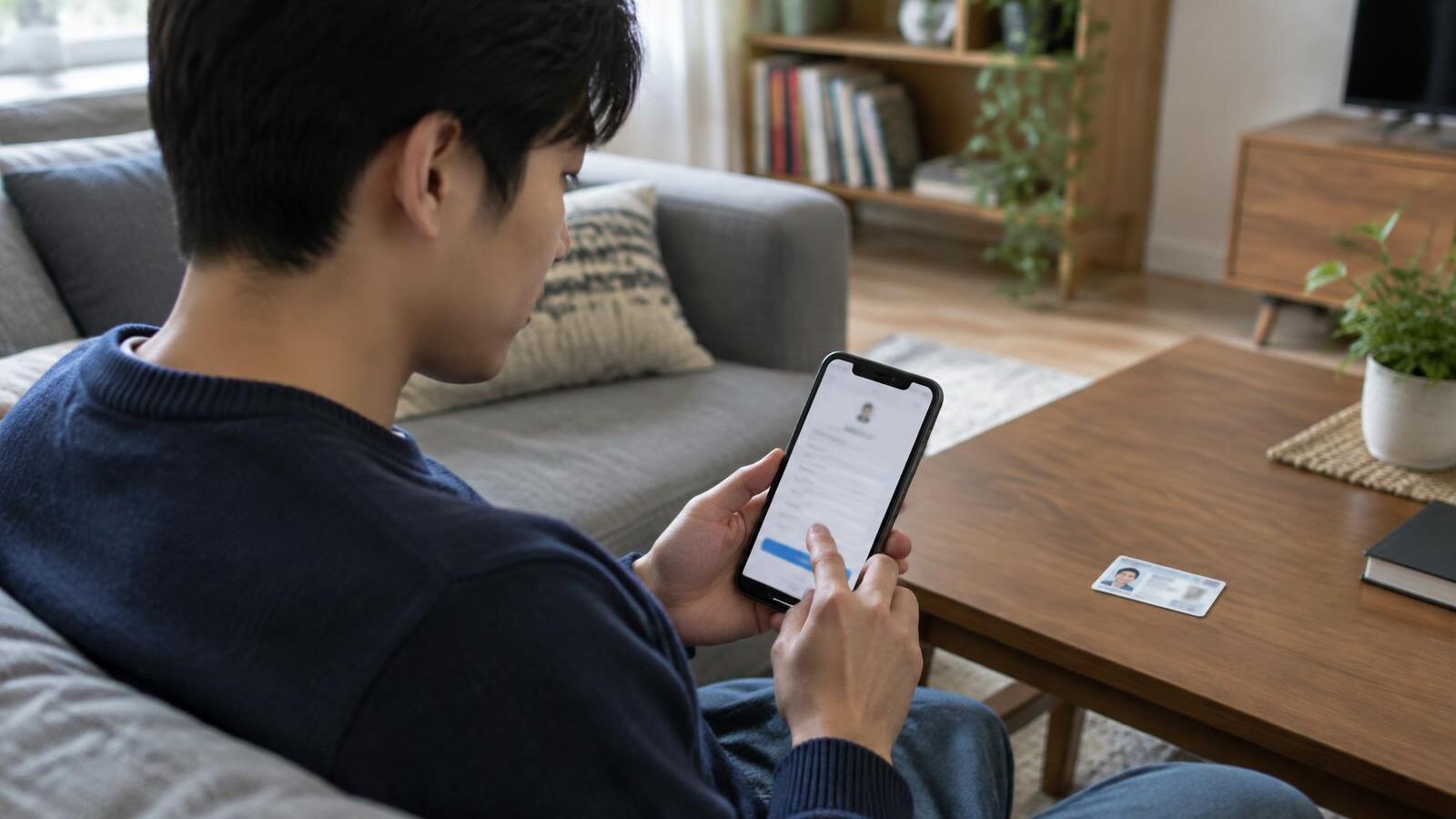 Young man filling out an account application on his phone with his ID nearby