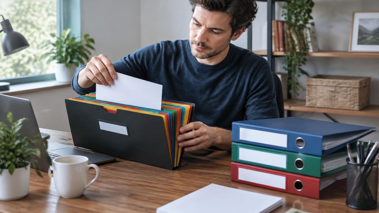 Man filing papers into an accordion folder beside binders