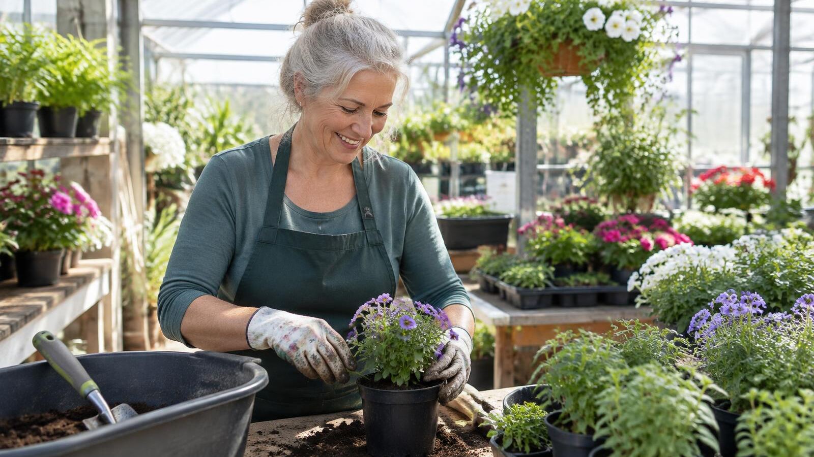 Gray-haired woman potting plants at a garden nursery