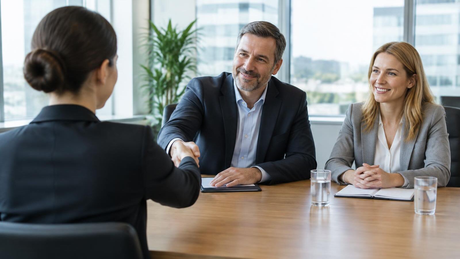 Candidate shaking hands with two interviewers