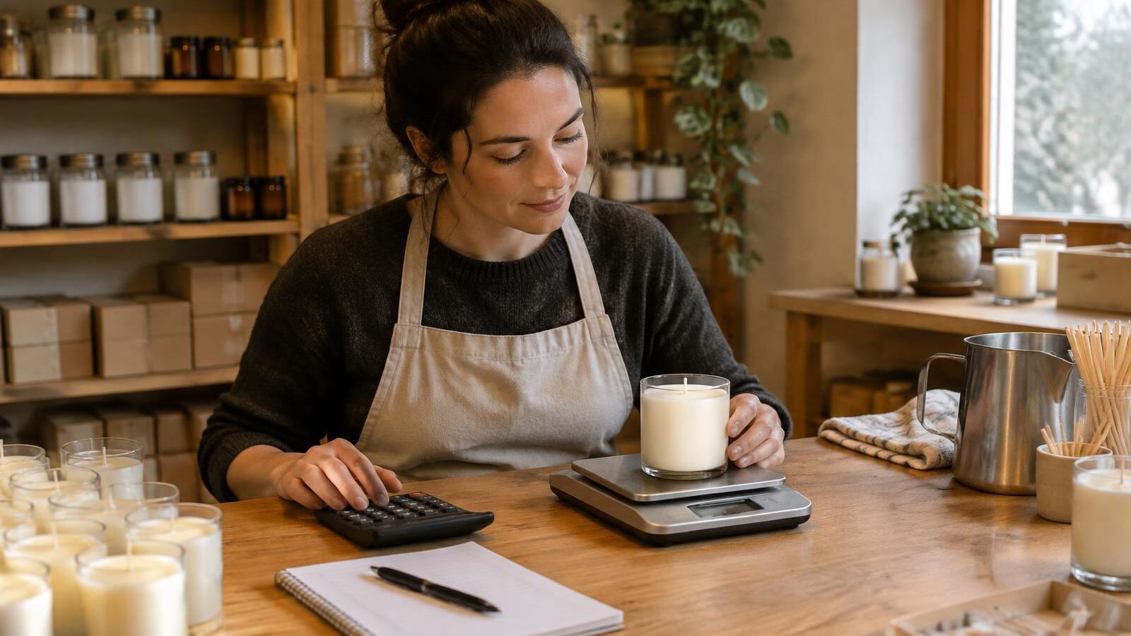 Candle maker weighing a candle beside a calculator and notebook