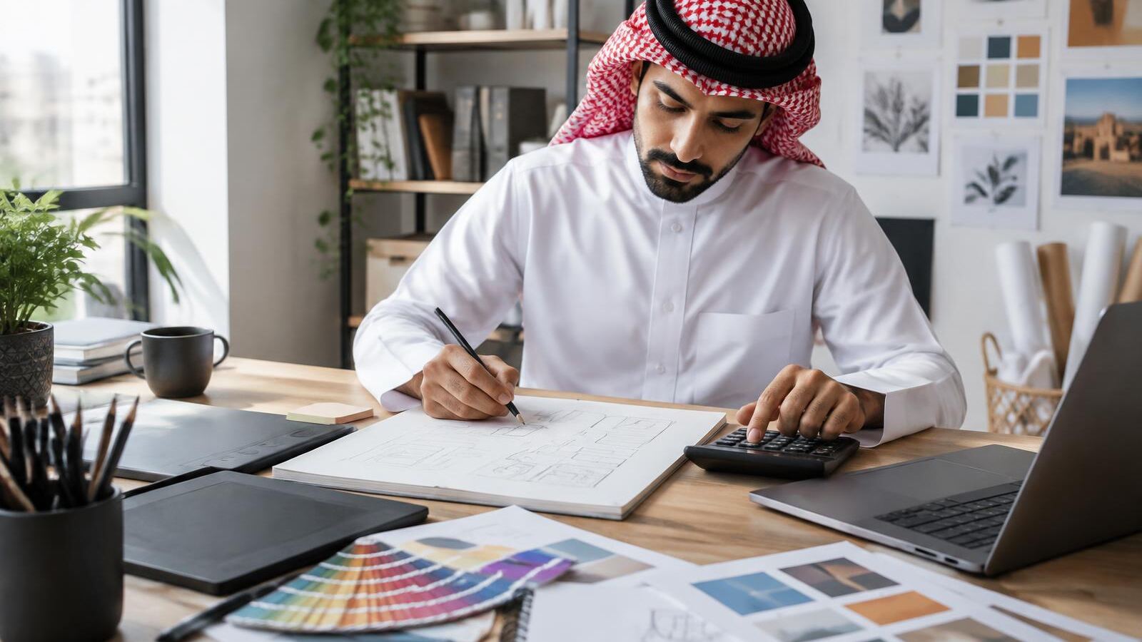 Designer working out his rates with a calculator and sketchbook at a studio desk