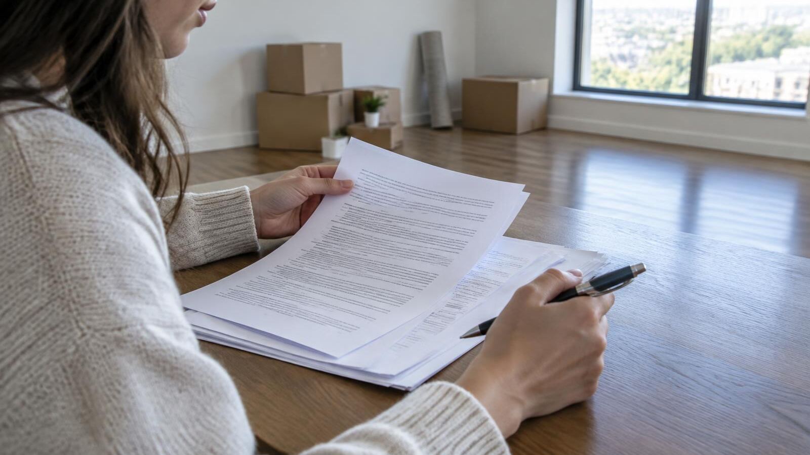 Renter reading a multi-page lease with a pen in an empty apartment