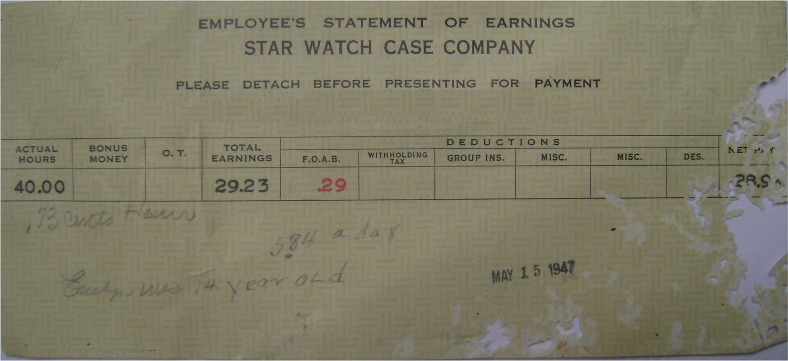 A vintage employee earnings statement listing hours, earnings and deductions.