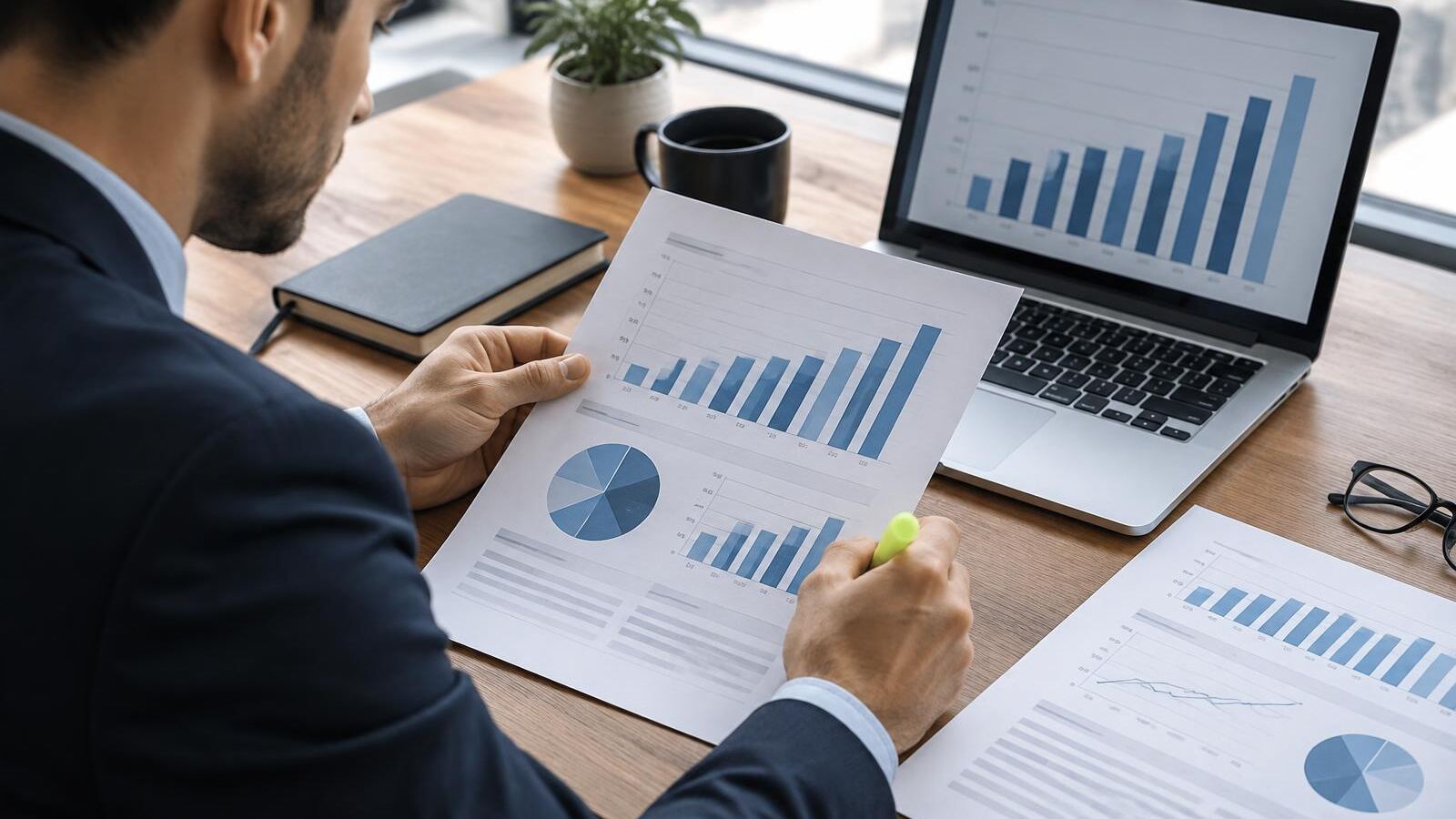 Investor highlighting charts in a company quarterly report
