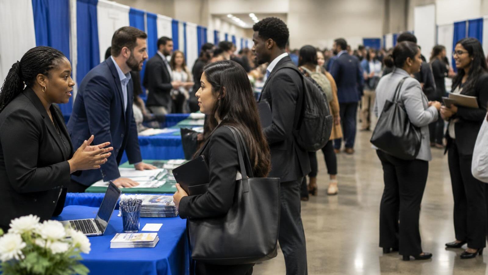 Job seekers talking with recruiters at a busy job fair
