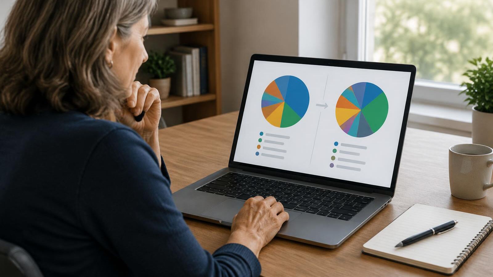 Woman comparing before-and-after portfolio pie charts on a laptop