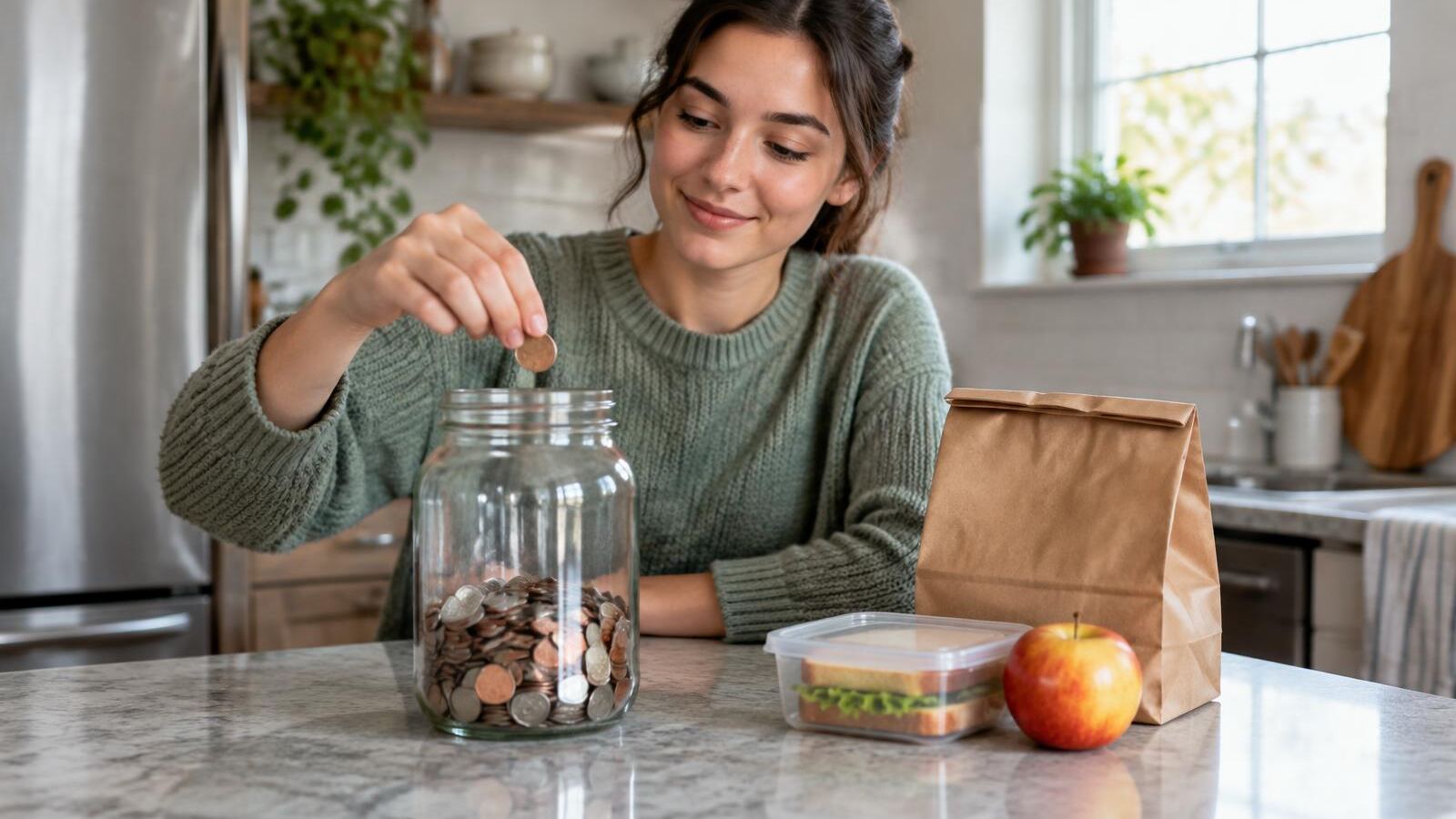 Woman dropping coins into a savings jar beside a packed lunch