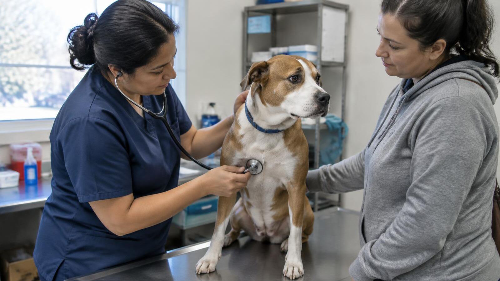 Veterinarian examining a dog while its owner watches