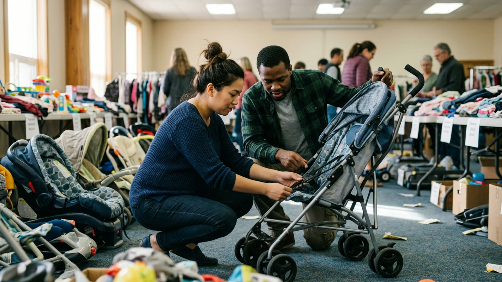 Expectant parents inspecting a secondhand stroller and car seat at a community consignment sale, checking the buckles carefully