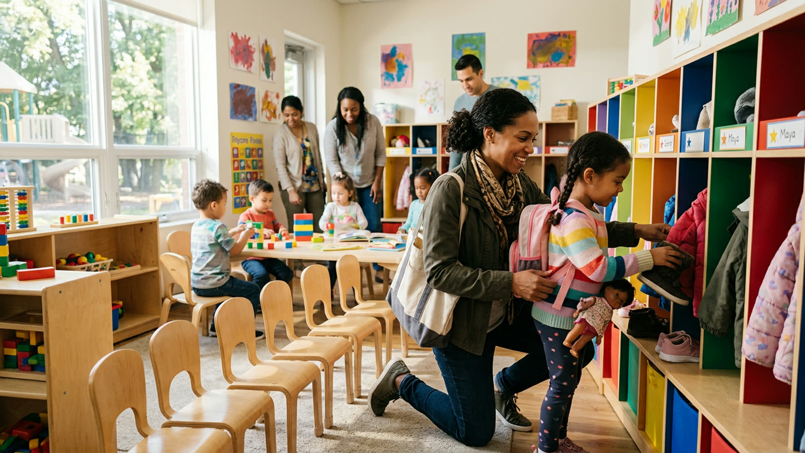 A parent dropping off a young child at a bright daycare room with cubbies and small chairs