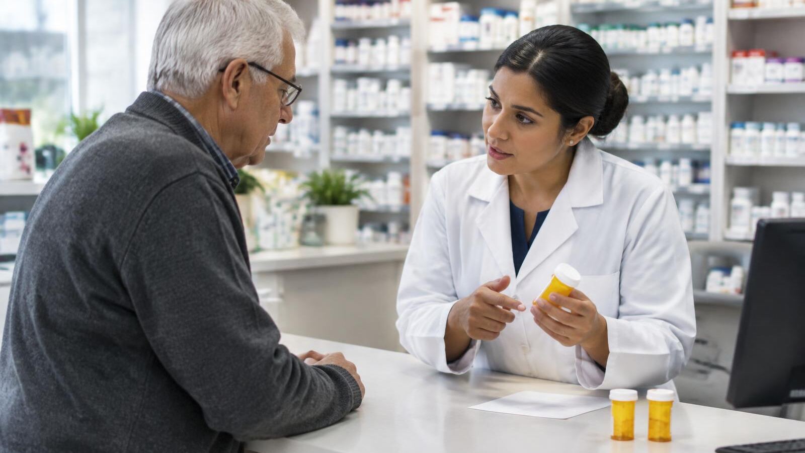 Pharmacist discussing a prescription with an older customer
