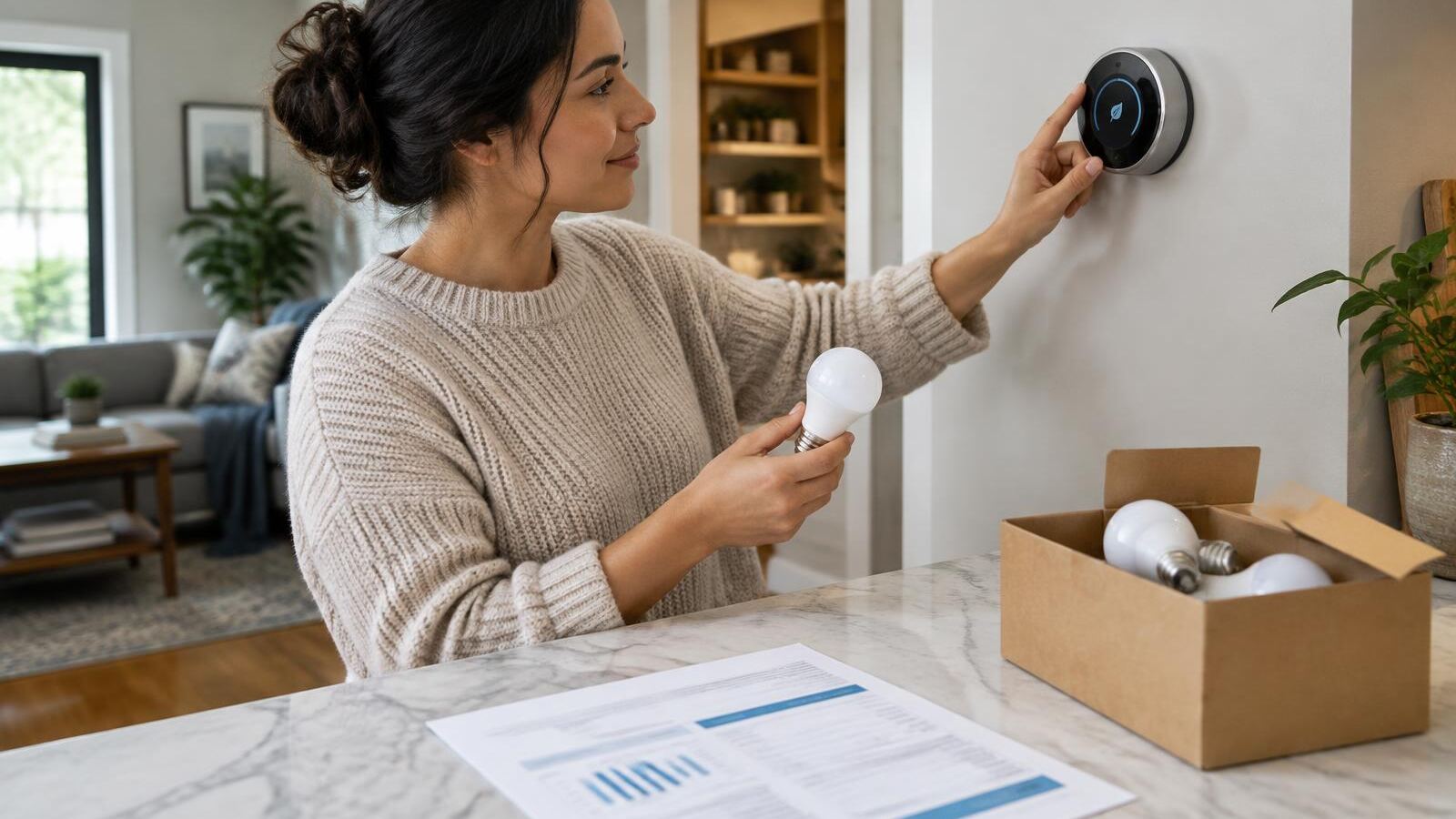 Woman adjusting a smart thermostat while holding an LED bulb