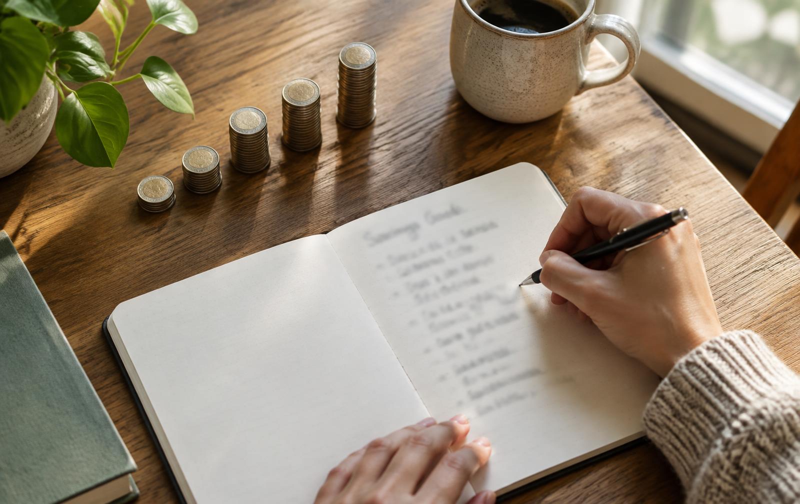 Person writing a list of savings goals in a notebook beside growing stacks of coins