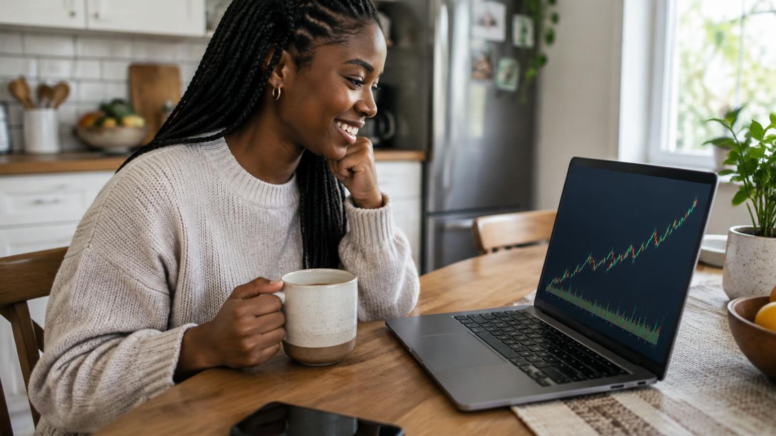 Young woman smiling at a rising stock chart on her laptop