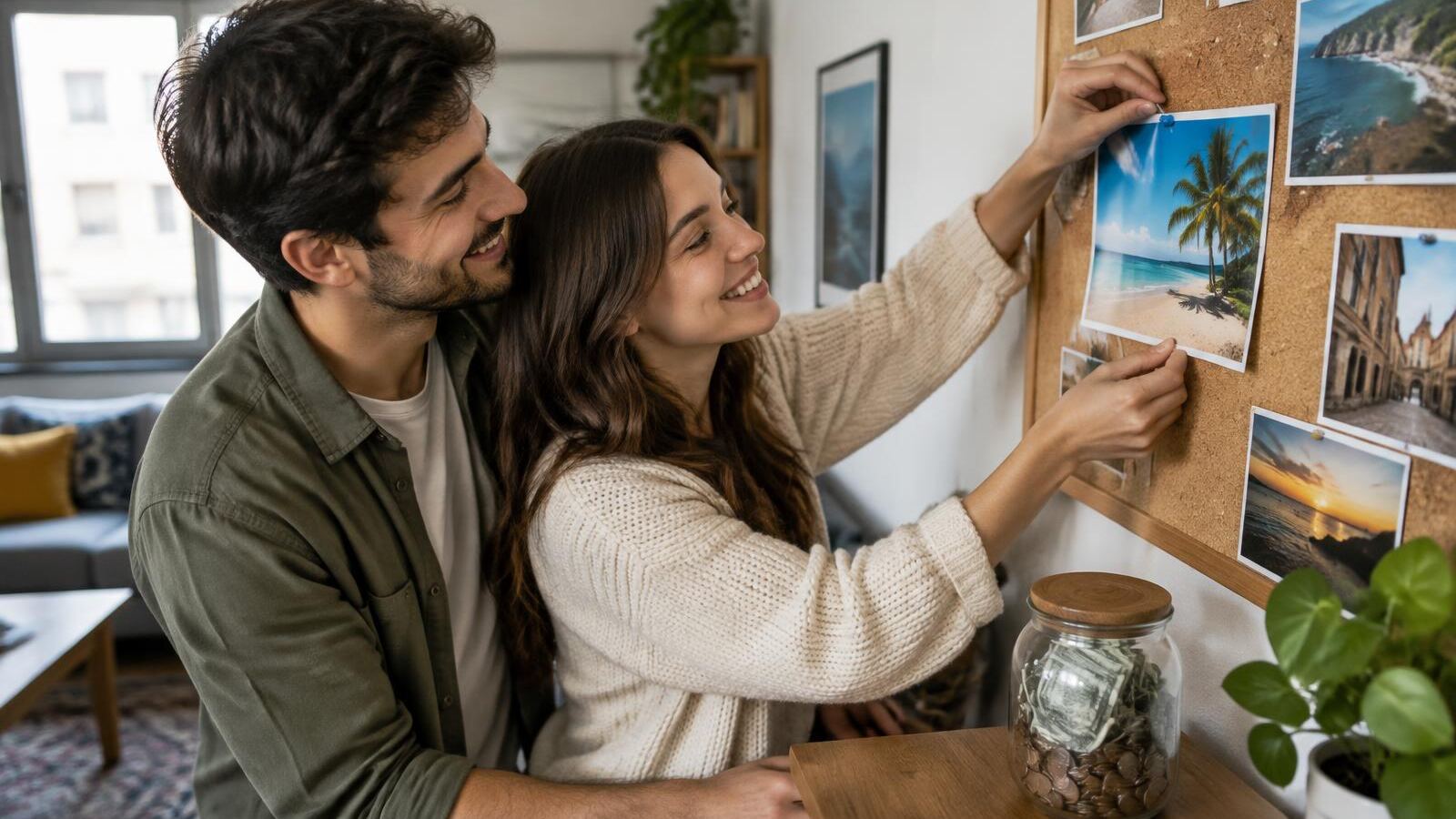 Couple pinning a beach photo to a corkboard above their savings jar