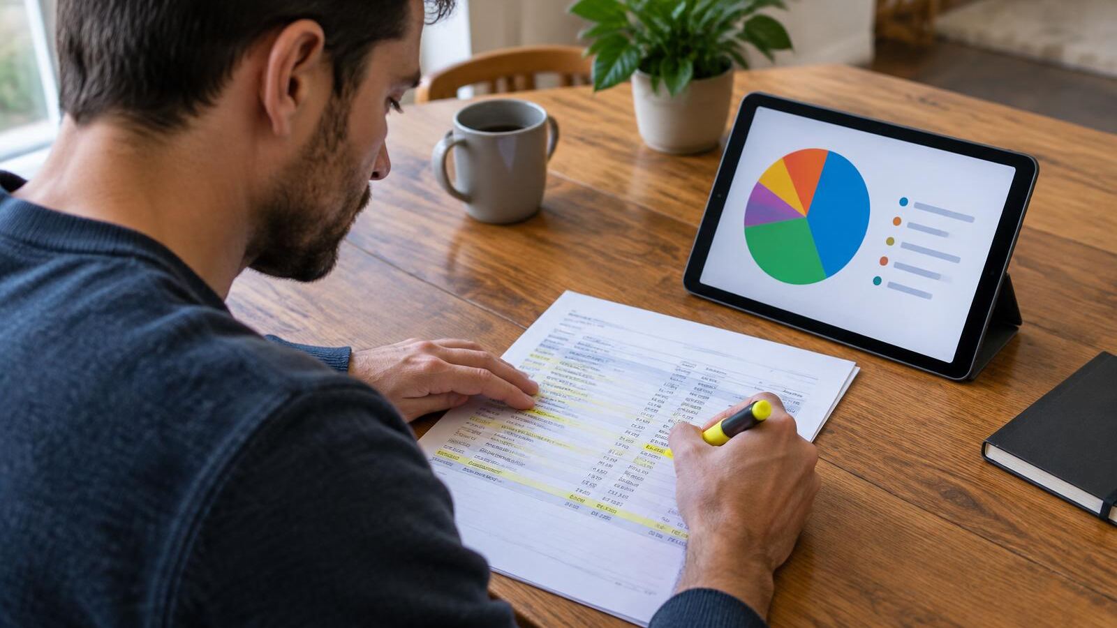 Man highlighting purchases on a bank statement with a spending chart on a tablet
