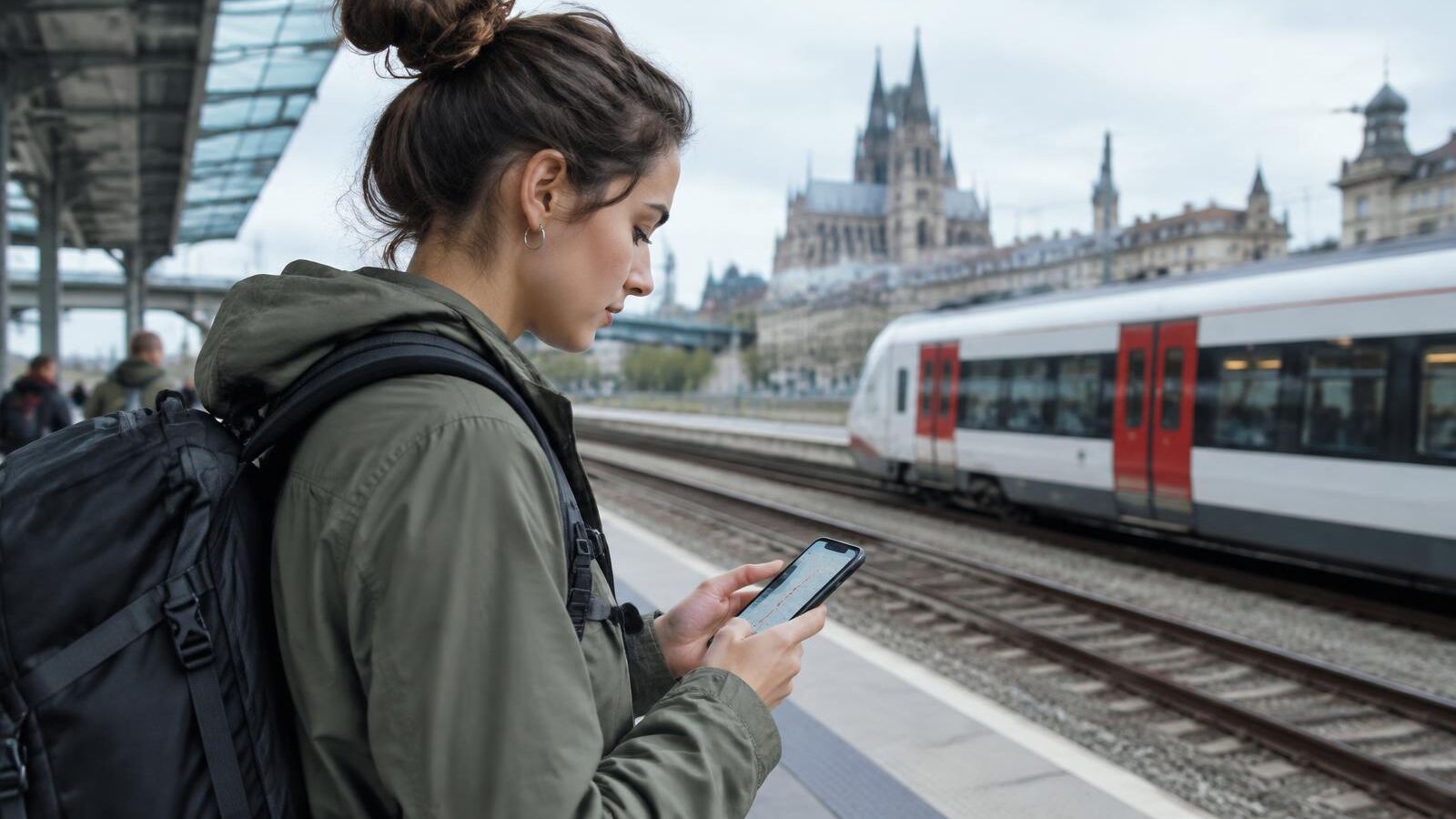 Backpacker checking a train route on her phone at a European station