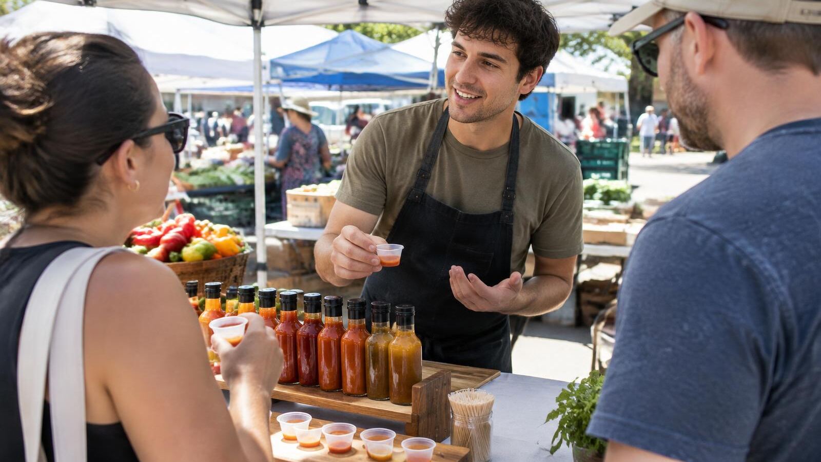 Vendor offering hot sauce samples to shoppers at a farmers market