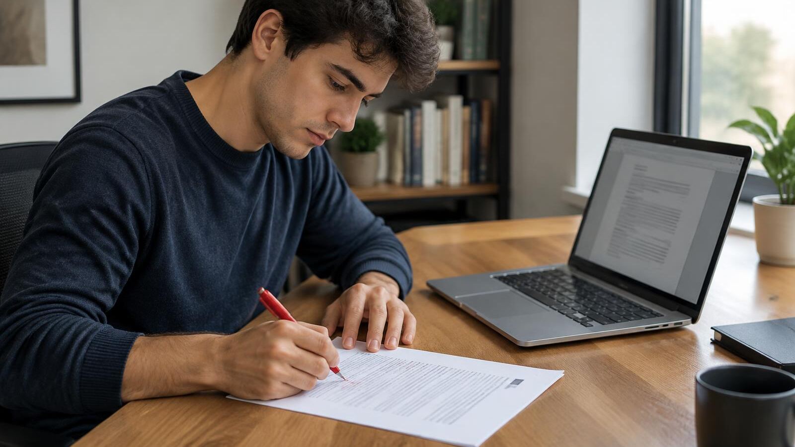 Young man editing his printed resume with a red pen