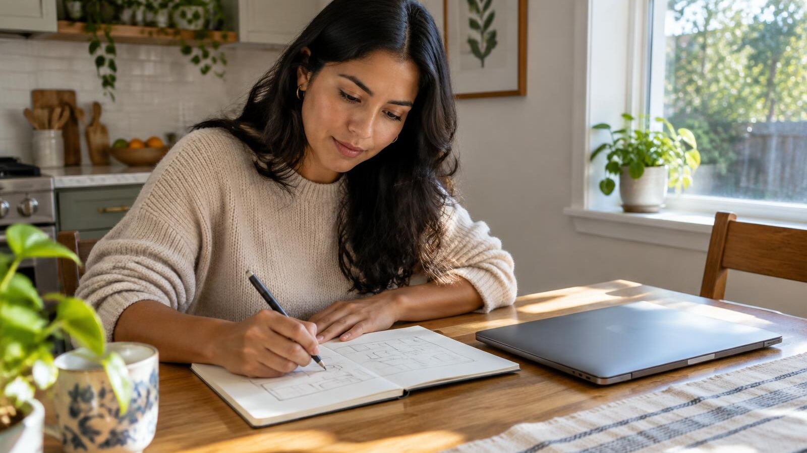 Woman sketching a simple business plan in a notebook at her kitchen table
