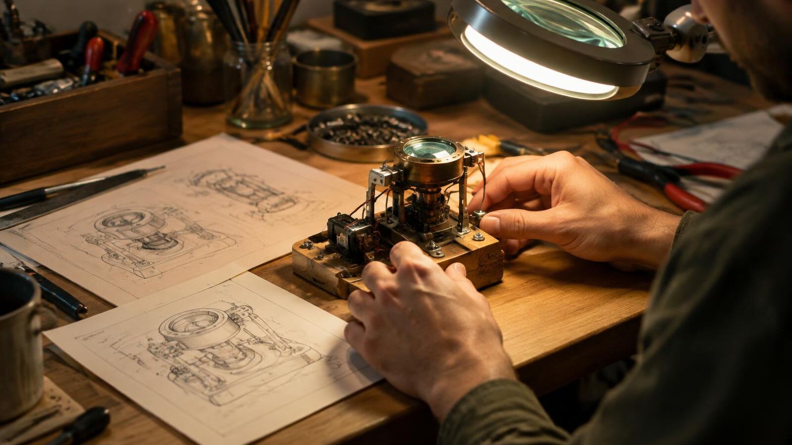 Inventor adjusting a prototype beside technical sketches on a workbench