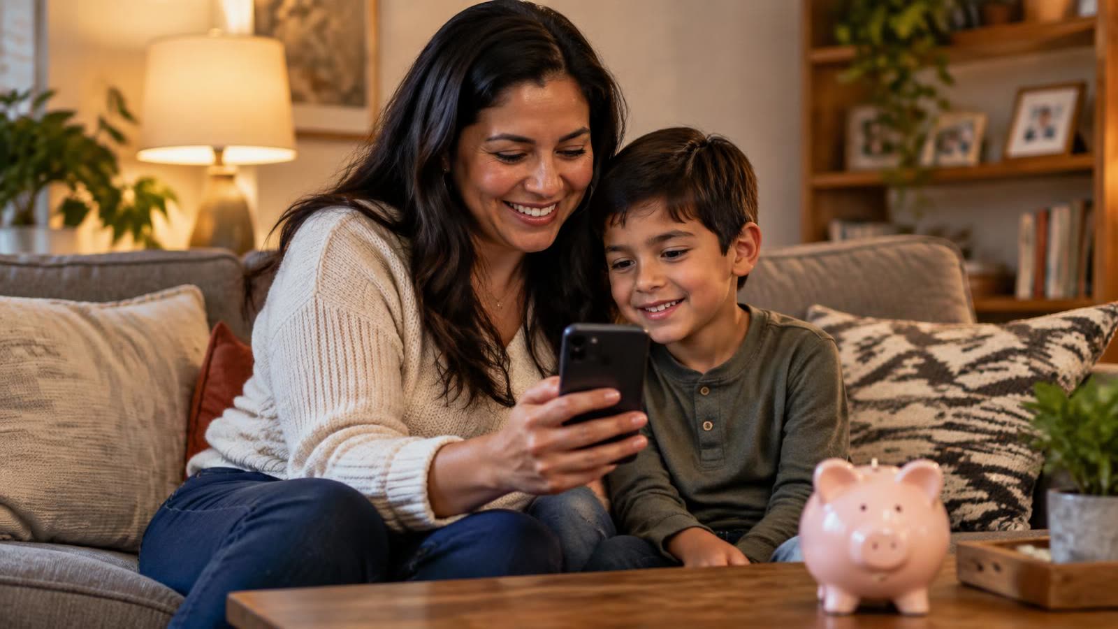 A mother and young son look at a phone together on the couch, a piggy bank nearby