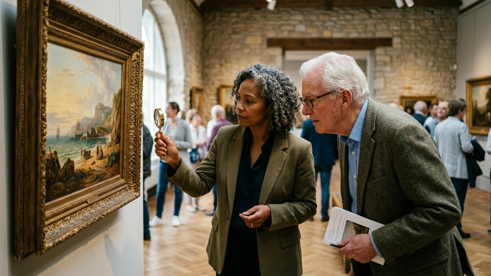 A collector examining a framed painting in an art gallery with an appraiser holding a magnifier