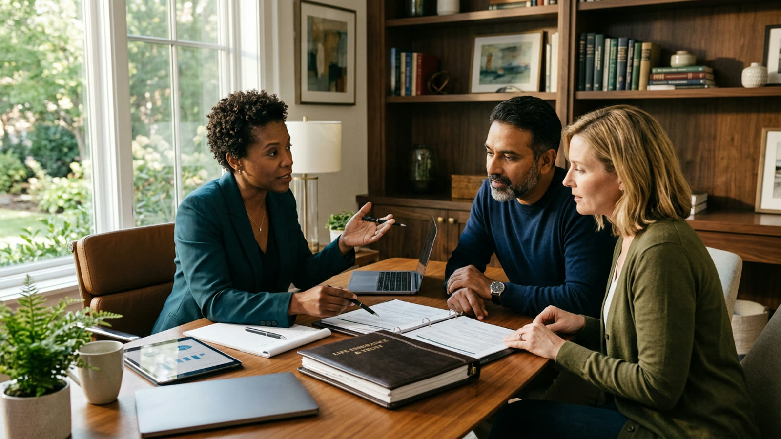 A couple in an elegant home office reviewing a life insurance policy and trust binder with an attorney