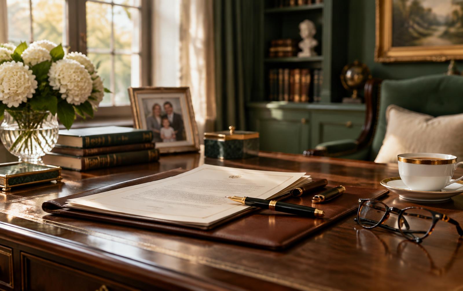 An elegant home study desk with estate planning papers, a fountain pen and a family photo