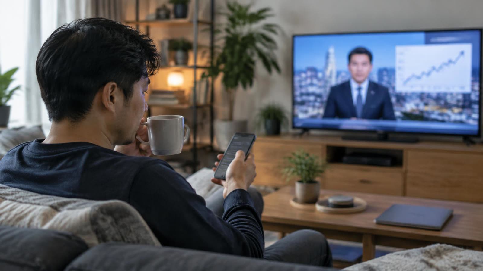 A man with coffee watching economic news on TV while checking his phone