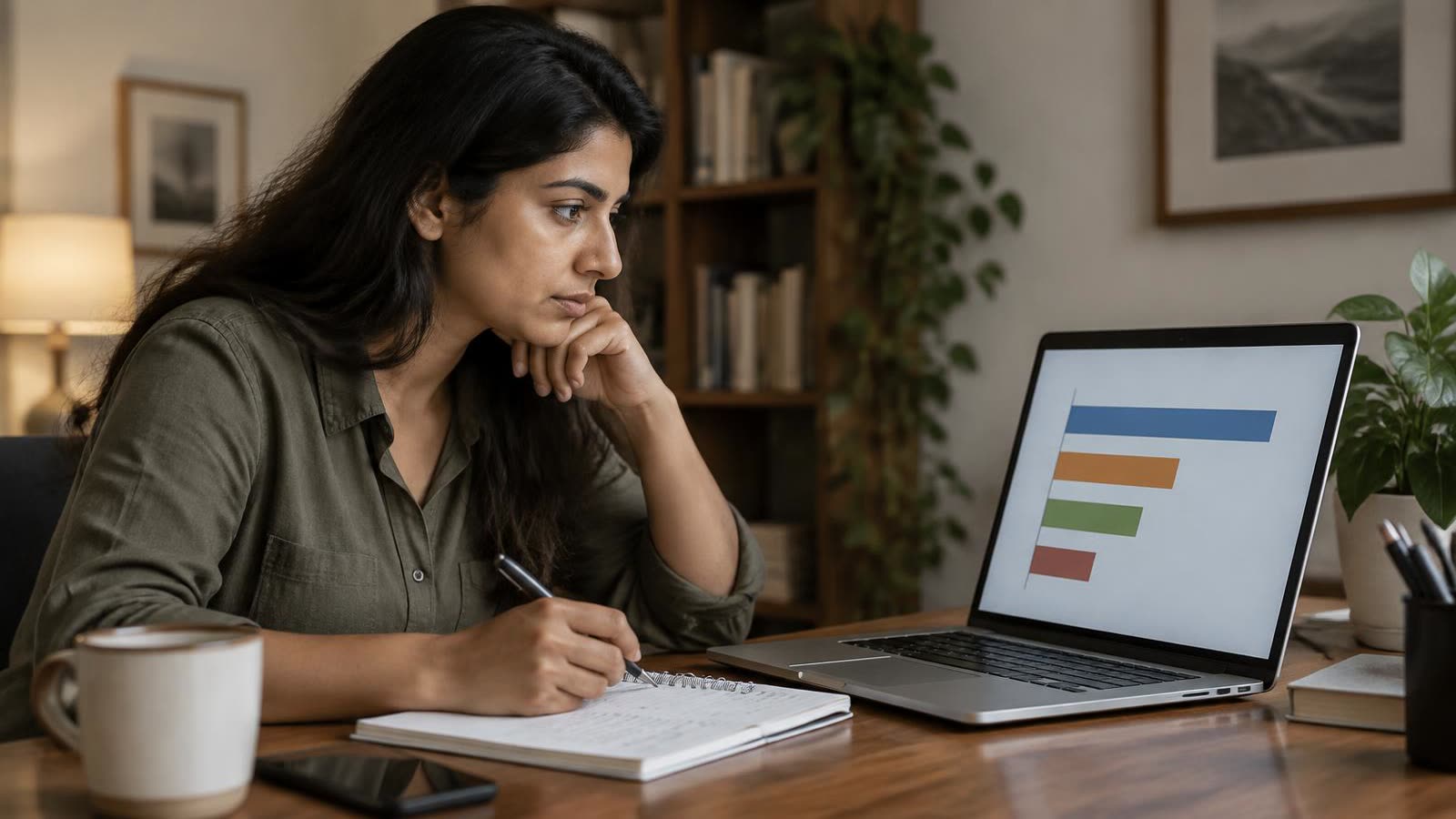 A woman studying a simple bar chart on her laptop while taking notes
