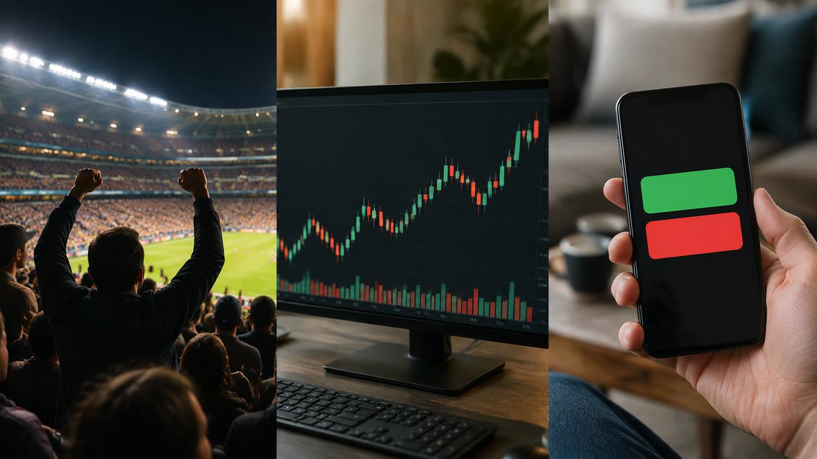 Three scenes side by side: a stadium crowd, a stock chart on a monitor, and a phone with yes and no buttons