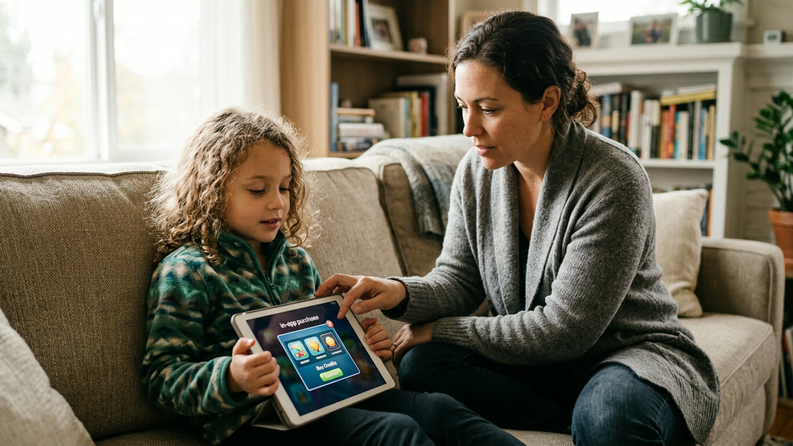 A child holding a tablet showing a game purchase prompt while a parent reaches to review it on the couch