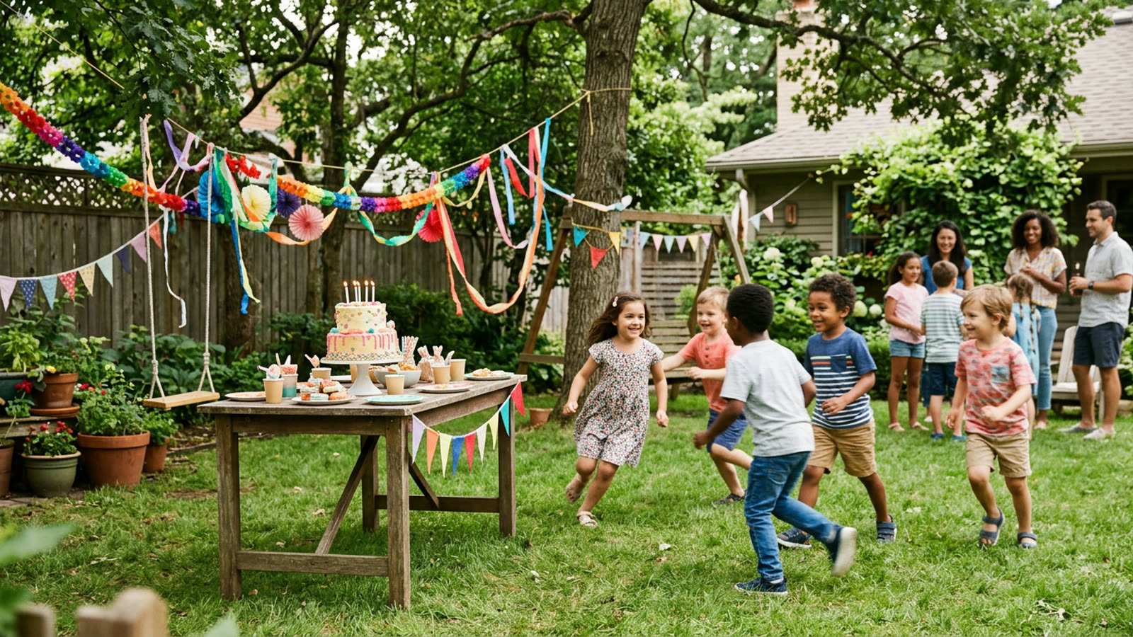A simple backyard kids' birthday party with a homemade cake, paper decorations and children playing games on the grass