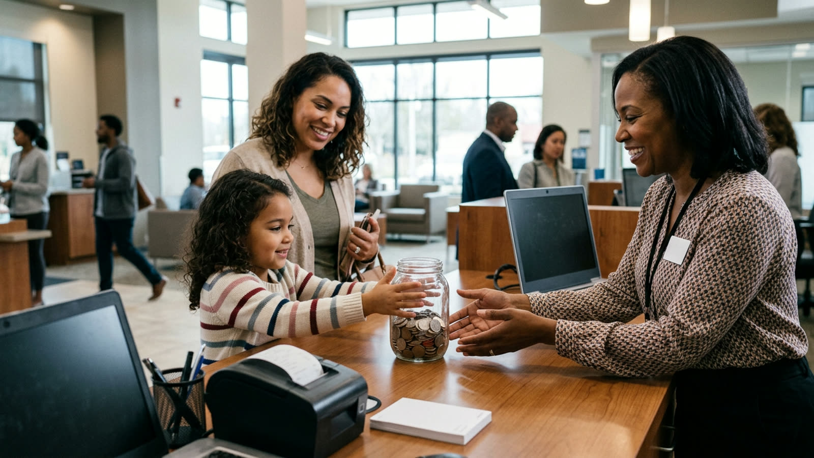 A parent and young child at a bank counter, the child sliding a clear piggy bank full of coins toward a smiling teller