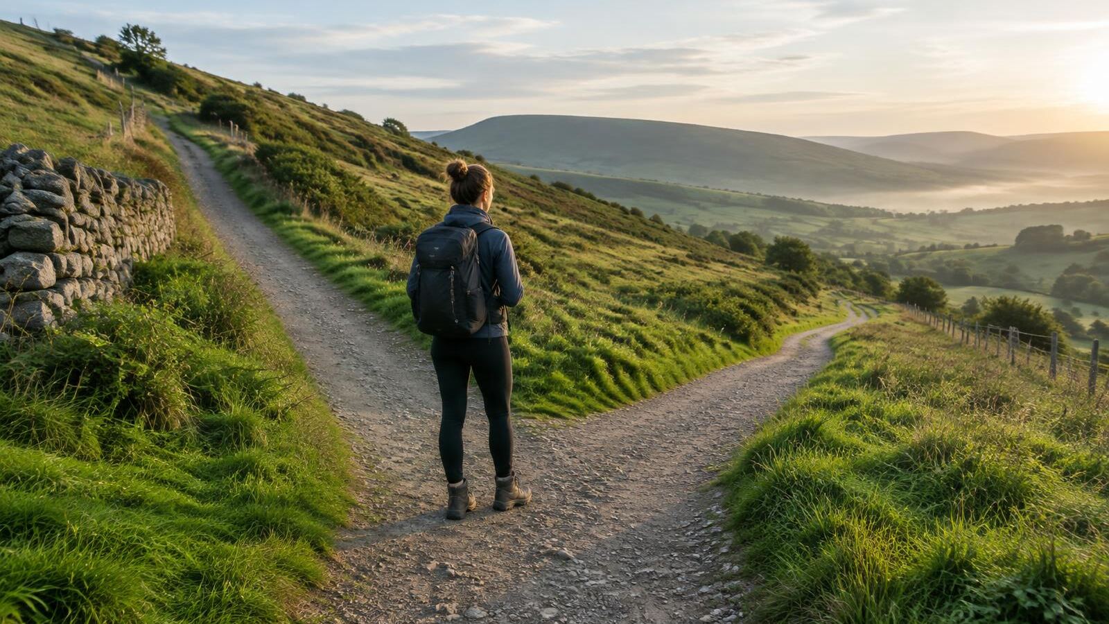 Hiker pausing where a countryside path splits in two
