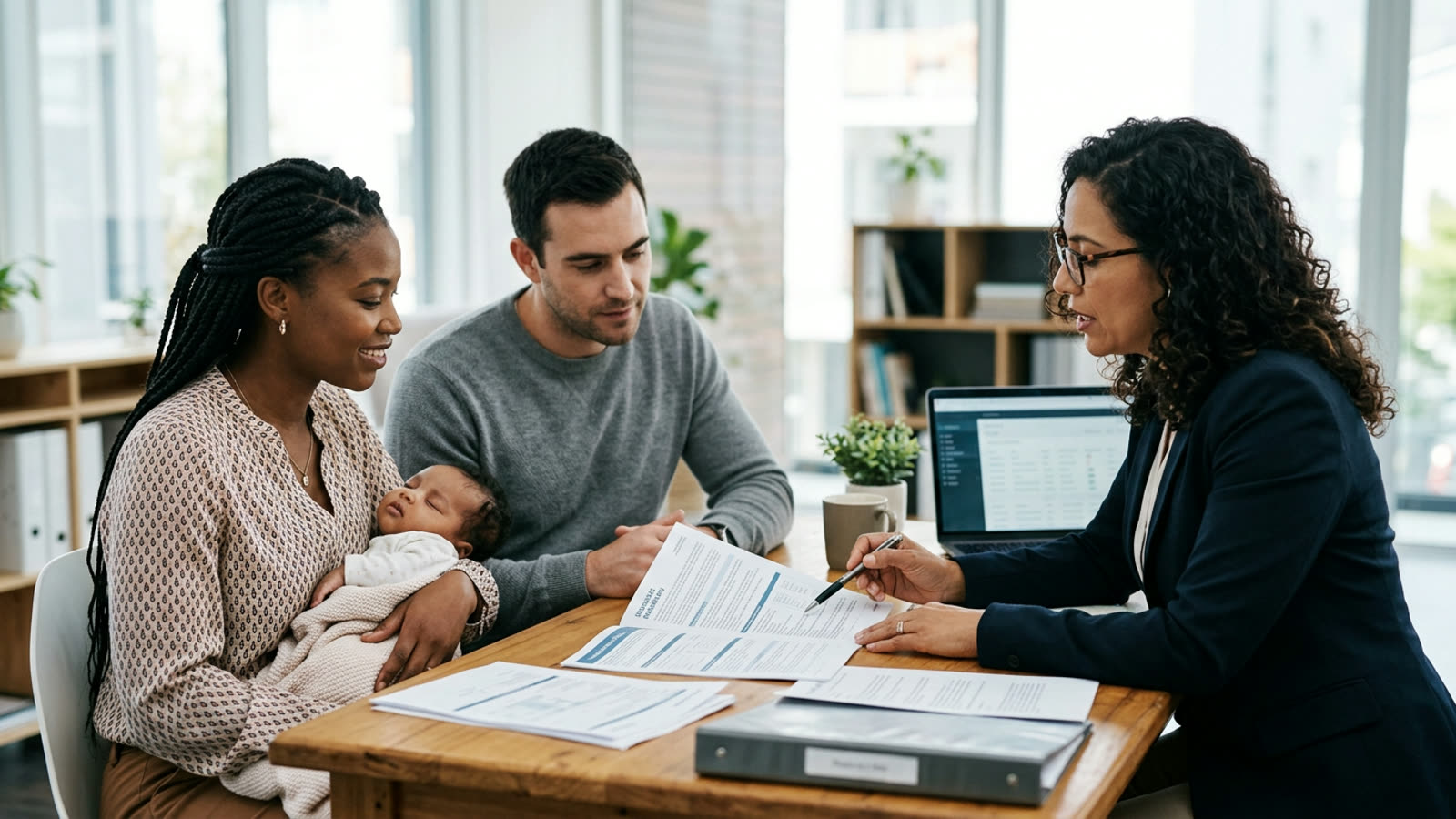 Parents with a baby meeting an insurance advisor at a desk, reviewing a policy document
