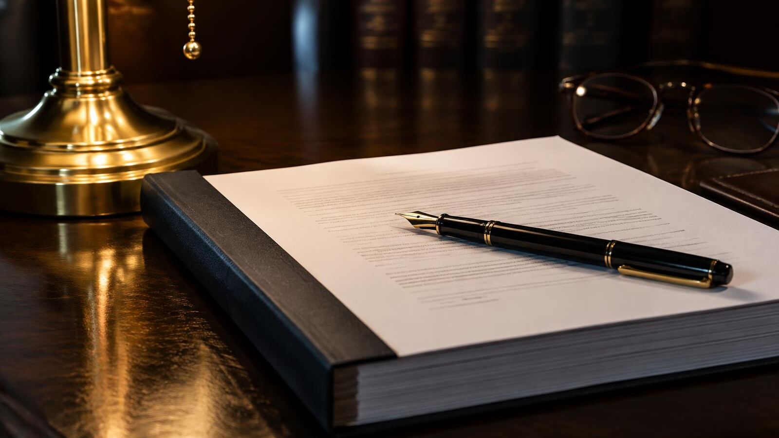 Fountain pen resting on a bound legal document on a wooden desk