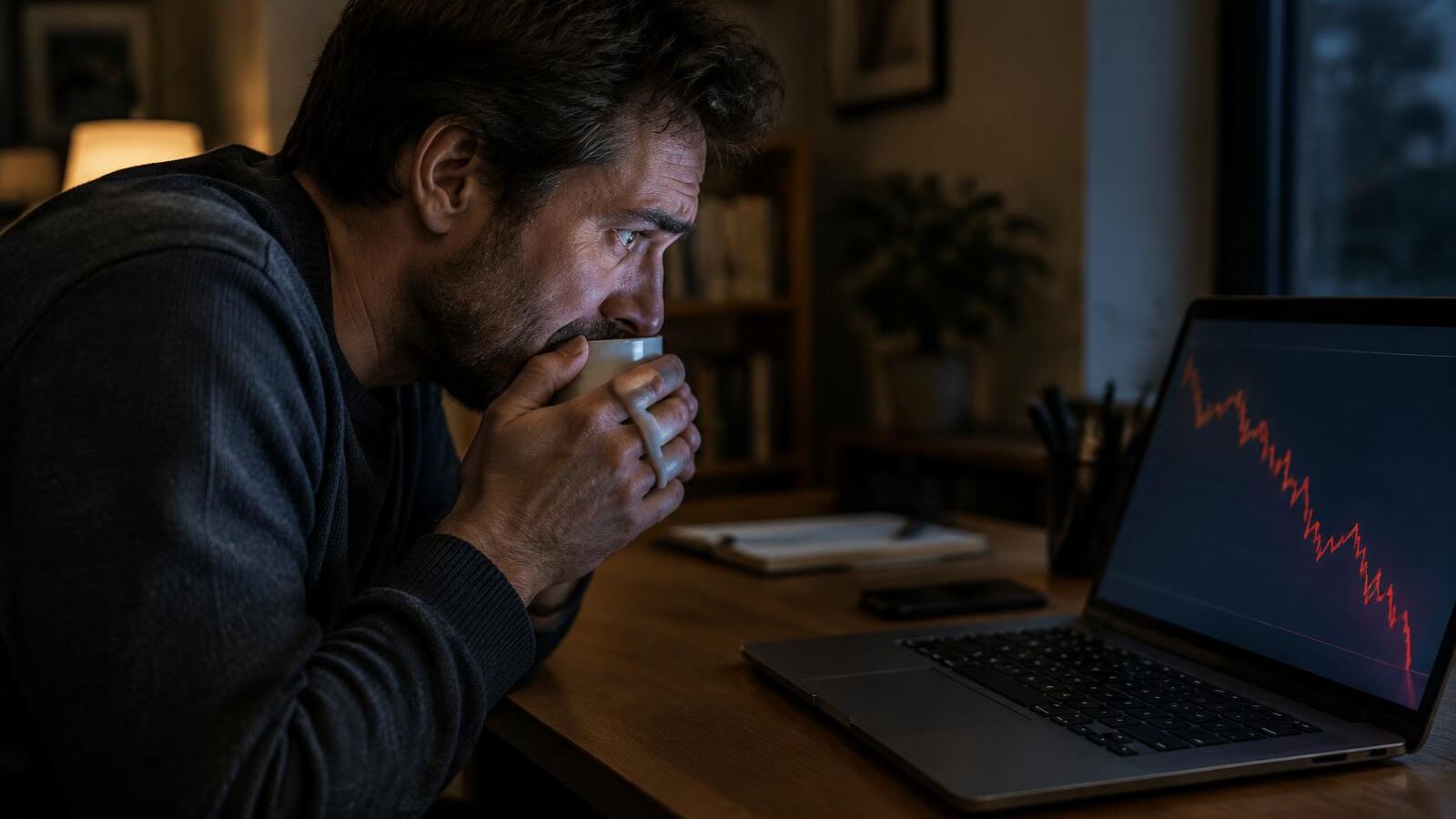 Anxious man watching a falling chart on his laptop