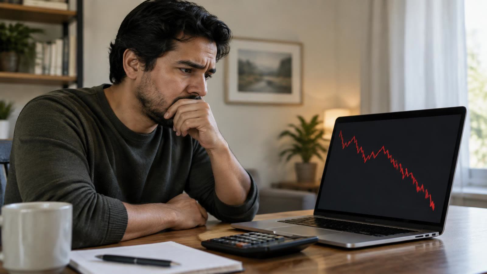 A worried investor looking at a falling market chart on a laptop beside a calculator