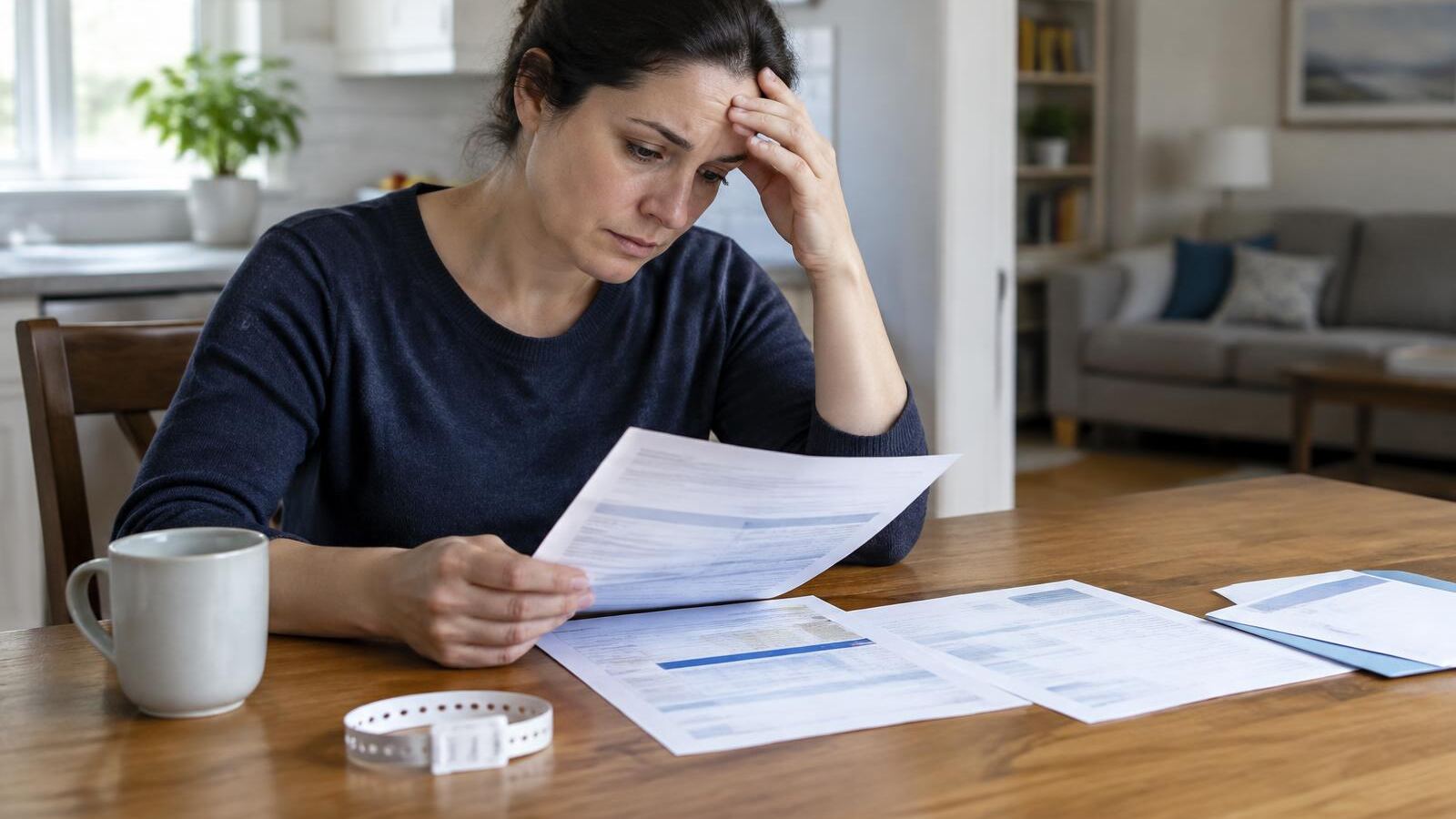 Woman reviewing medical bills with a hospital wristband on the table