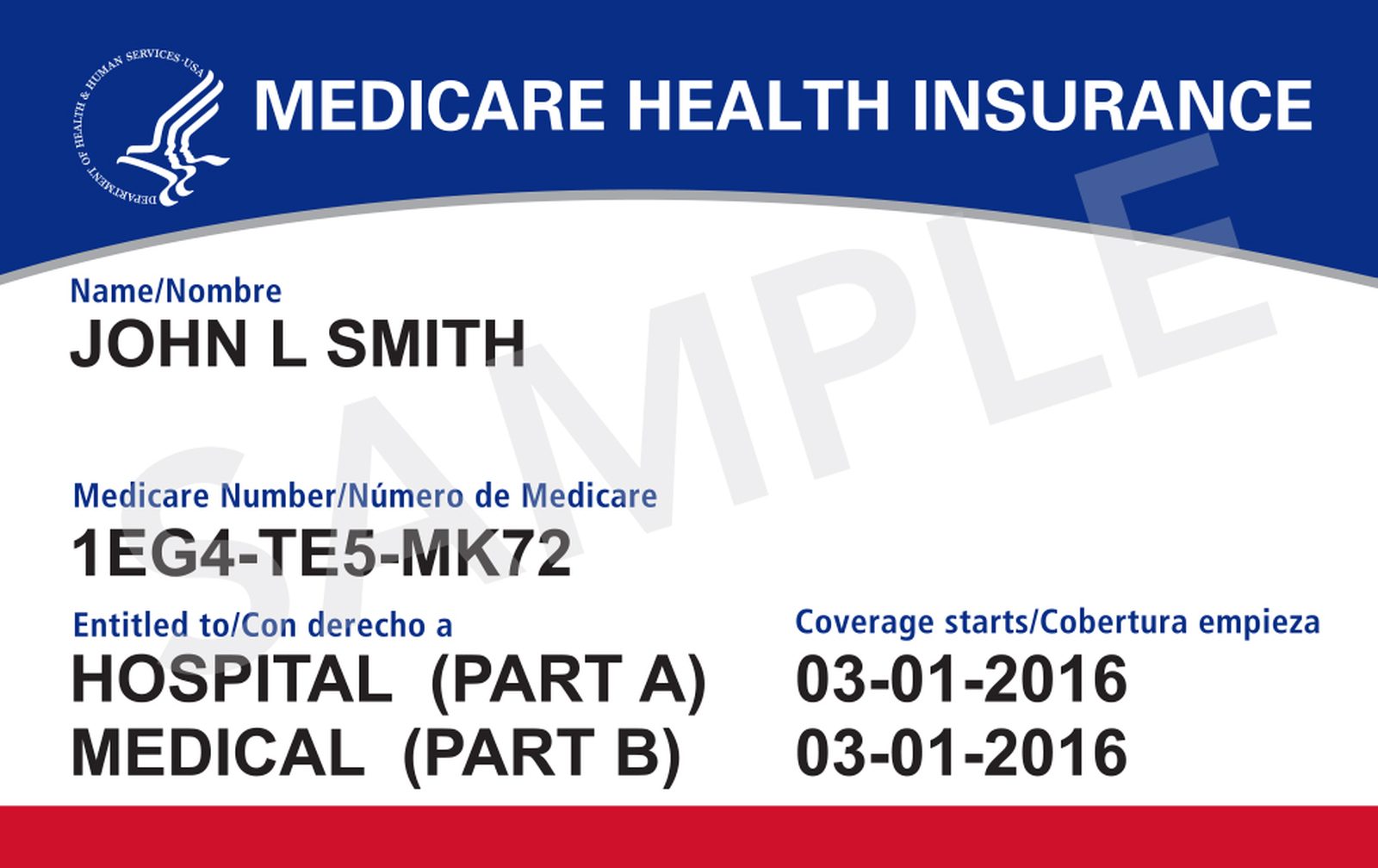 A sample of the red, white and blue U.S. Medicare health insurance card.